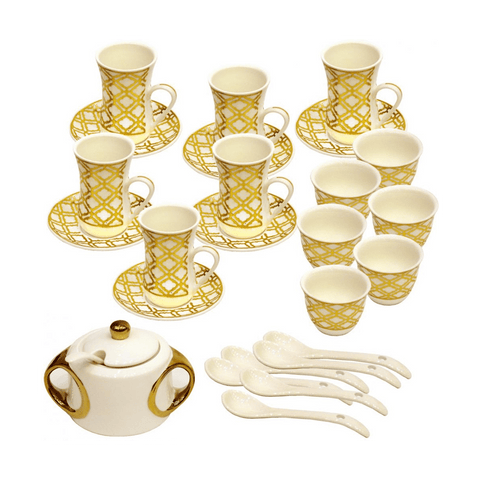 CERAMIC Gawa, Tea cup with Saucer Set of 27, White and Gold - SquareDubai