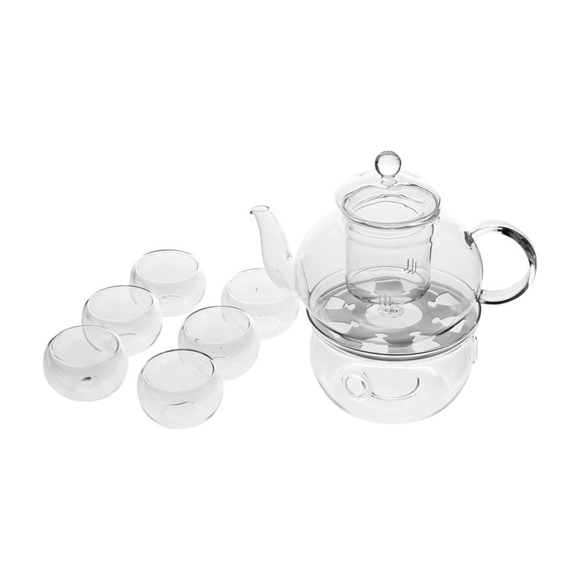 Borosilicate Heat-resistant Glass Tea Pot Set Infuser Teapot + Warmer + 6 Double Wall Tea Cups - SquareDubai