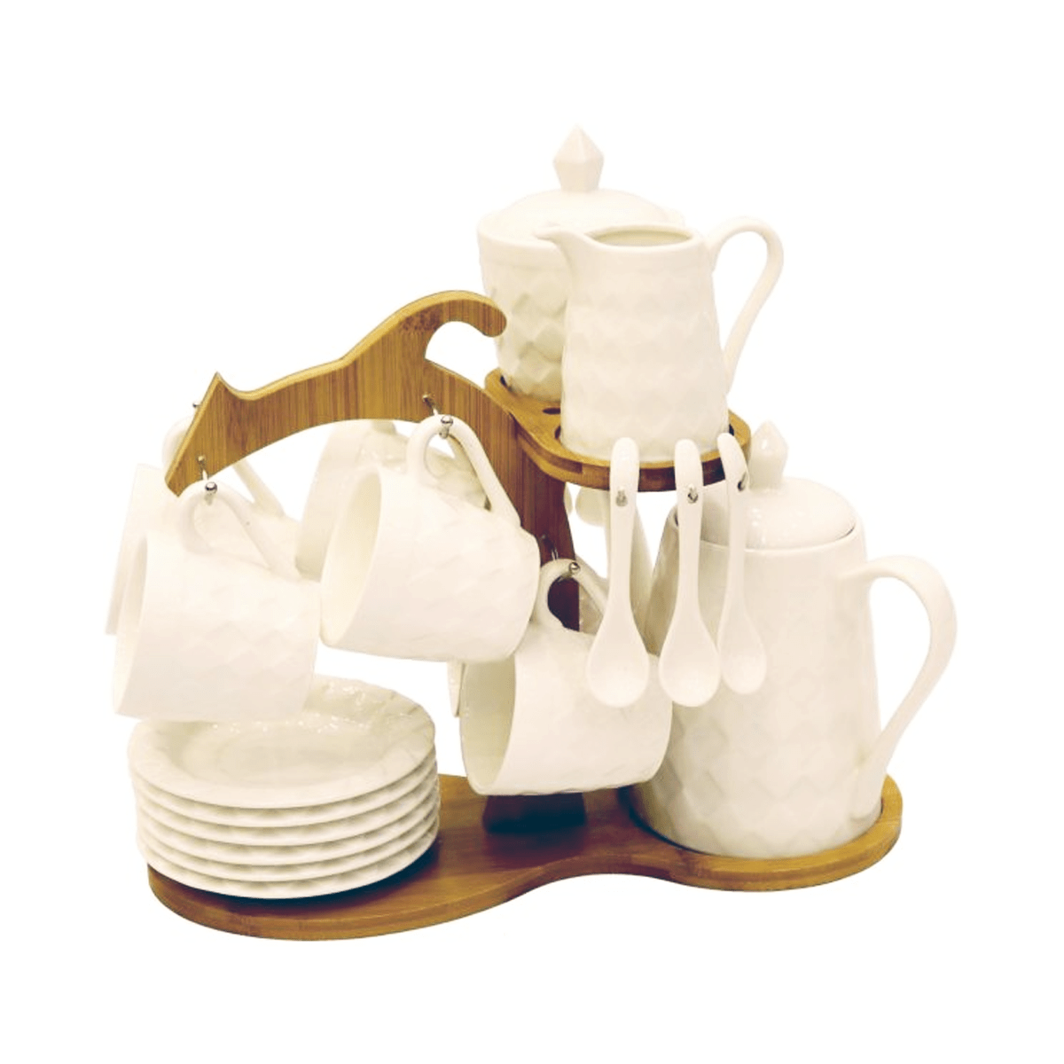 Porcelain Cooffe / Teacups with Saucer and Bamboo Stand Set of 24 Pcs, White